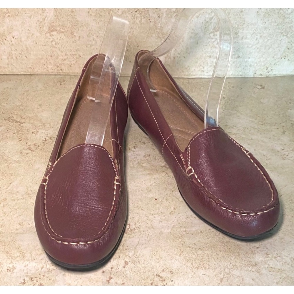 Womens Brown Leather Loafers Size 9.5 Slip-On Casual‎ Shoes Stitch Detailing